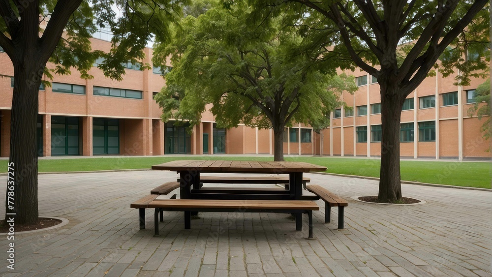 A peaceful outdoor seating area with picnic tables and benches surrounded by lush green trees in a school courtyard