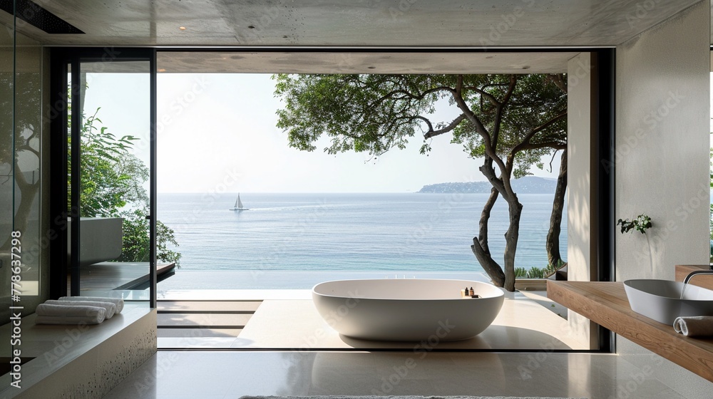 Spacious and minimal villa bathroom the sea view a backdrop to clarity and calm