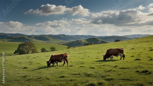 Cattle grazing in a scenic hilly pasture