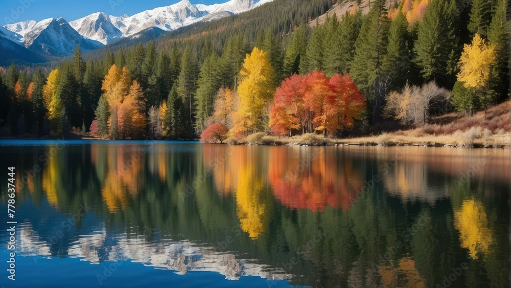 Autumn foliage reflected in calm lake Autumn foliage reflected in calm lake