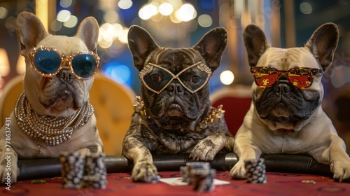 french bulldogs dressed like fashion moguls with sunglasses and jewelery playing poker in a fancy las vegas casino,