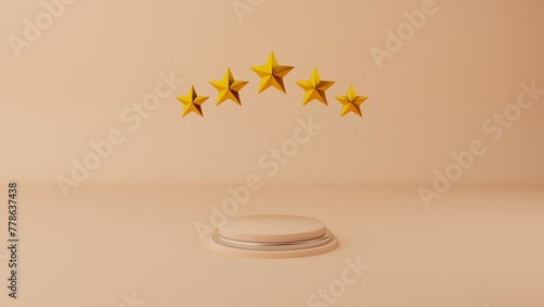 5 gold stars above the product display podium With a rose golden background. 3D render.