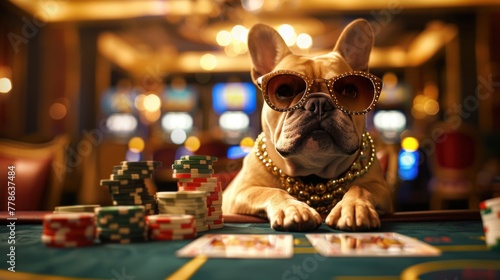 french bulldogs dressed like fashion moguls with sunglasses and jewelery playing poker in a fancy las vegas casino,