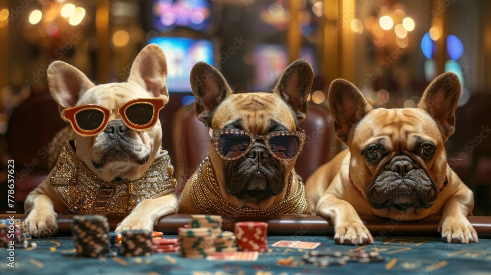 french bulldogs dressed like fashion moguls with sunglasses and jewelery playing poker in a fancy las vegas casino,