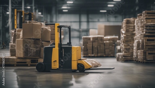Warehouse scene: pallet jack and wrapped pallet in foreground, open cargo truck in background, industrial setting, harsh lighting, logistic concept. photo