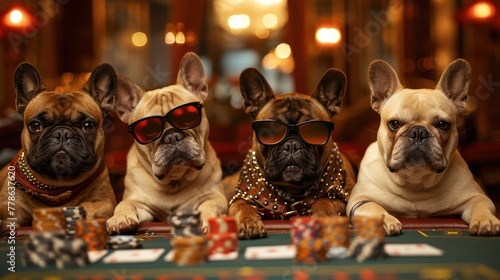 french bulldogs dressed like fashion moguls with sunglasses and jewelery playing poker in a fancy las vegas casino,