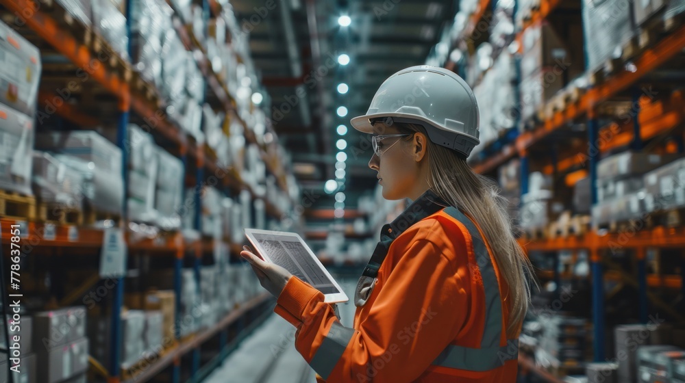 A female worker holding a tablet with an AR remote control application using an AGV robot in a retail warehouse. Women Controlling Automated Guided Vehicles With Products. A female worker holding a tablet with an AR remote control application using an AGV robot in a retail warehouse. Women Controlling Automated Guided Vehicles With Products.