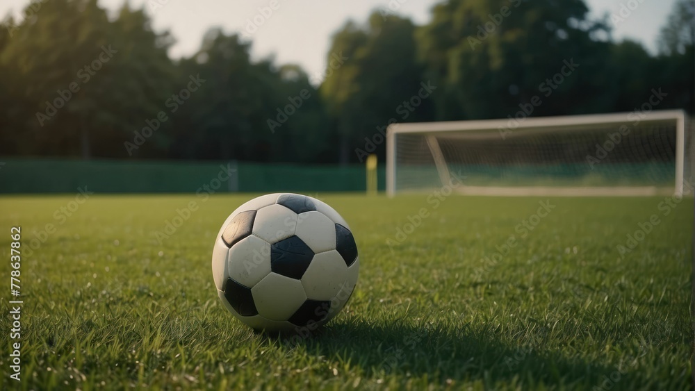 Image of a classic black and white soccer ball on a well maintained grass field, with a soccer goal contextually placed in the background