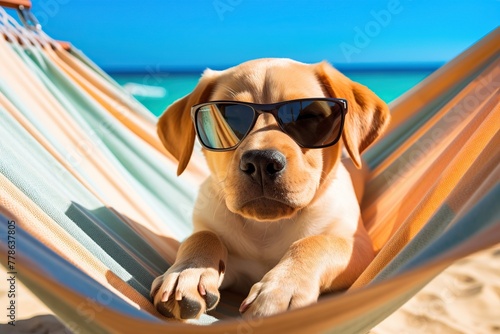 Labrador retriever puppy dog relaxing in a hammock on the beach