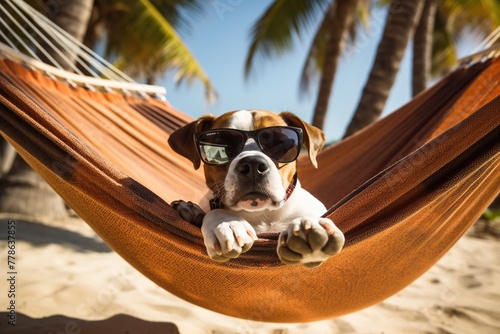 jack russell dog resting in hammock on the beach with sunglasses