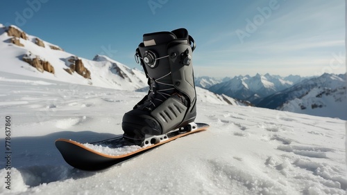 A single snowboard boot fixed to a snowboard, showcasing the equipment against a stunning mountain range backdrop photo