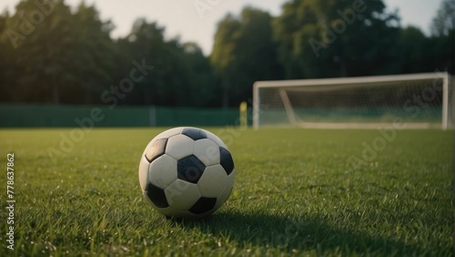 Image of a classic black and white soccer ball on a well maintained grass field  with a soccer goal contextually placed in the background