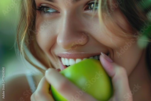 Close-up of a woman's smile biting into a crisp green apple, capturing health and vitality in a simple moment