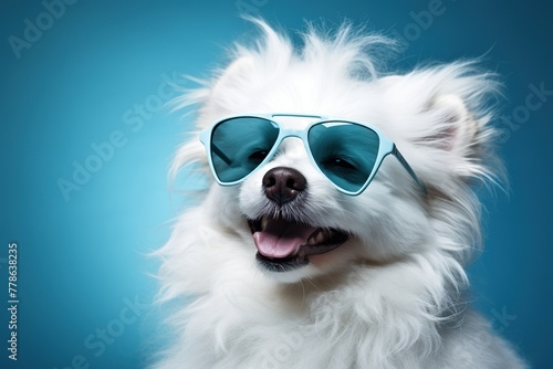 Cute bichon frise dog with sunglasses on blue background