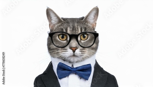 Distinguished gray tabby cat in glasses, suit and tie dressed as a businessman © Rex Wholster