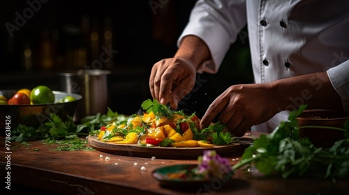 A close up of a curry dish being garnished with fresh cilantro and mint leaves by a chef