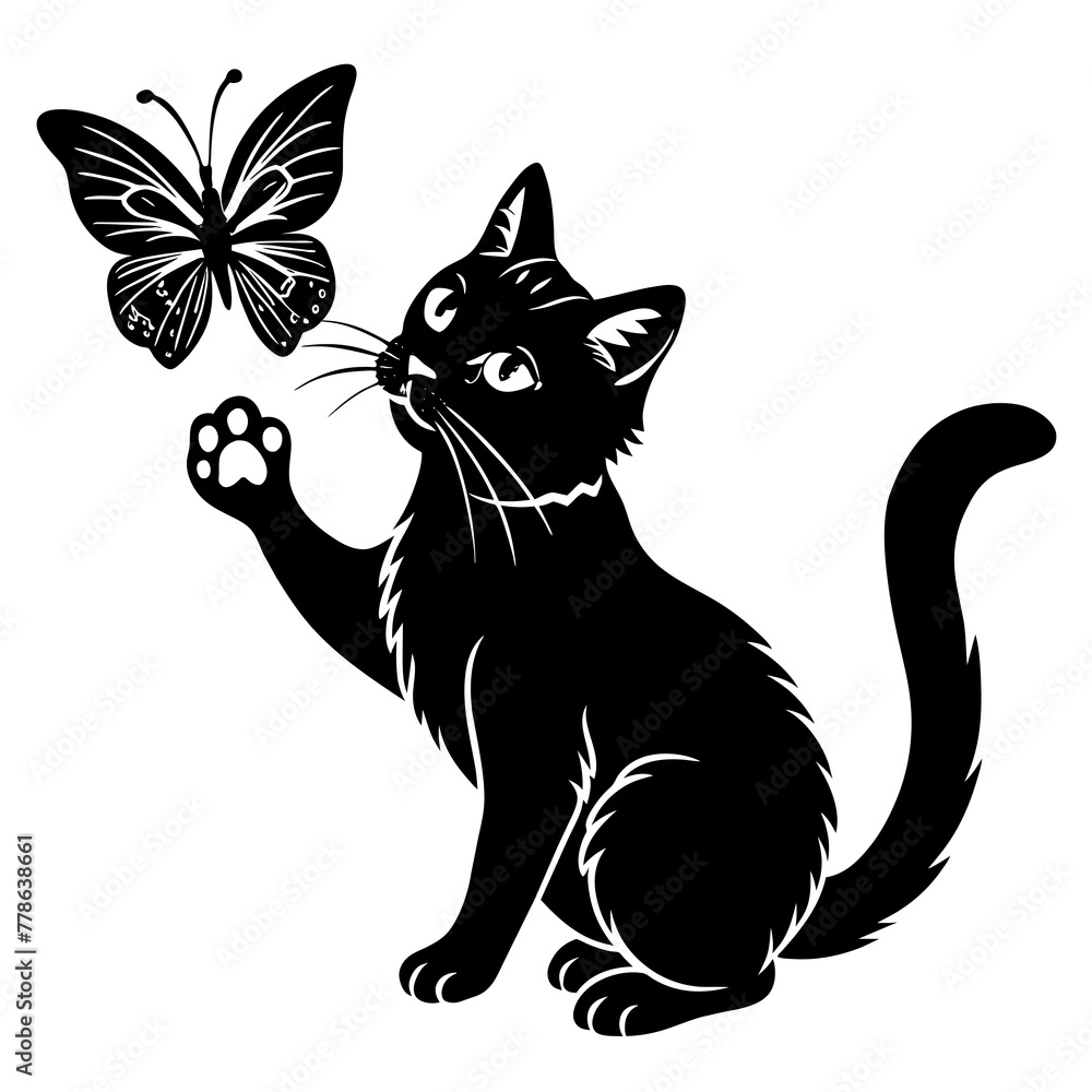 Fototapeta premium cat playing with butterfly isolated on white background -Vector illustration