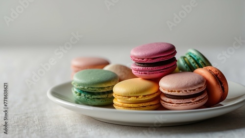 Delicate French macarons in an assortment of colors displayed on a white plate, depicting elegance and sweetness