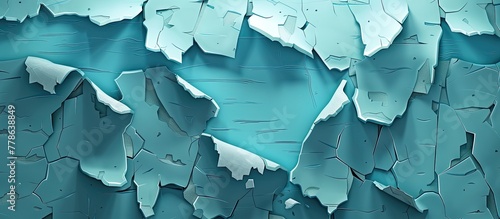 A closeup of an azure wall with peeling paint resembling a glacial landform covered in snow, creating a freezing and electric blue backdrop