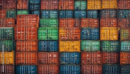 Colorful shipping containers stacked in an orderly grid pattern.