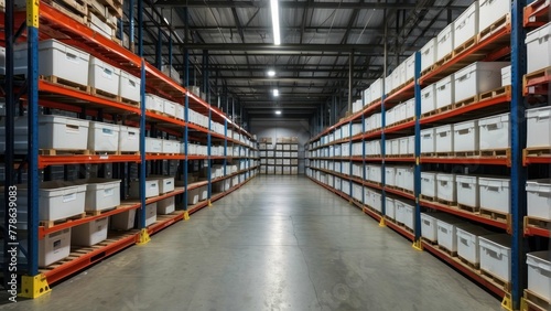 High ceiling storage facility interior showing systematic arrangement of white boxes on metal racks