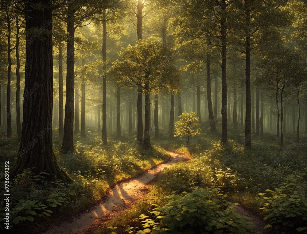 A path through a dense forest with tall trees on either side.