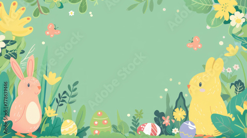 A charming and playful Easter cartoon with eggs and cute rabbit, perfect for a family-friendly banner with blank space