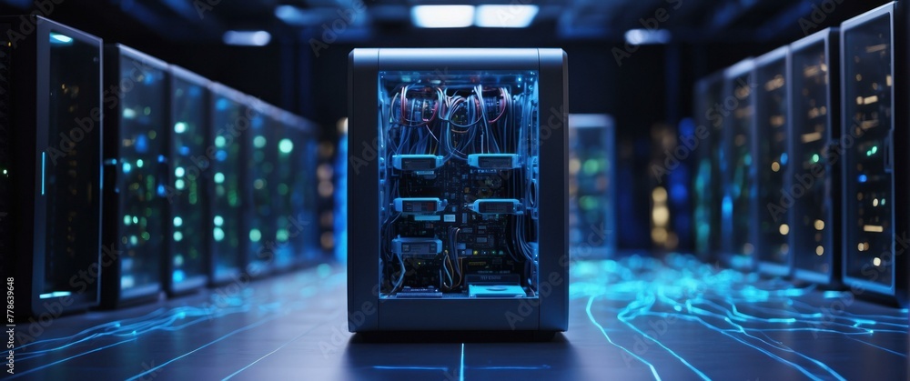 Naklejka premium A futuristic data center with servers and glowing blue lights showcasing high tech infrastructure