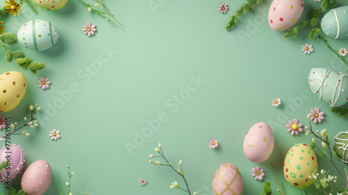 A festive arrangement of Easter eggs, flowers, and greenery creates a lively banner with blank space in the center for customization photo