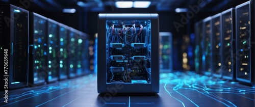 A futuristic data center with servers and glowing blue lights showcasing high tech infrastructure photo