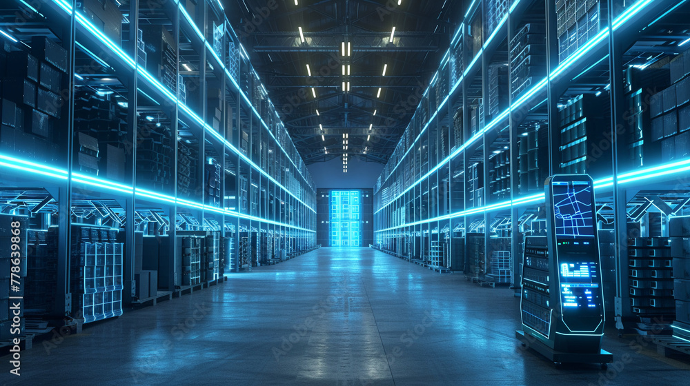 Futuristic warehouse interior glowing electronic grids line the aisles a barcode scanner in the foreground syncing data