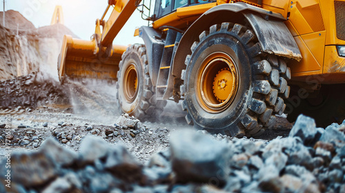Dynamic shot of a wheel loader in motion gravel pouring from its bucket a symbol of industrial efficiency and progress