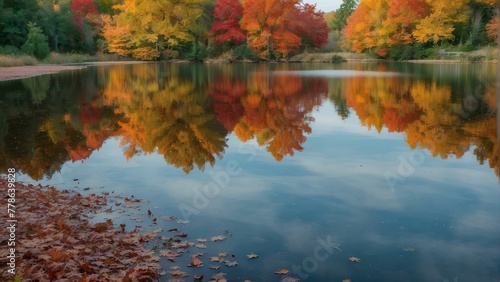 Autumn colored trees by a placid lake