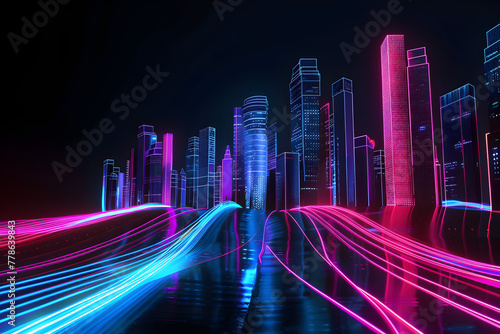 Abstract neon illustration of a futuristic city skyline isotated on black background.