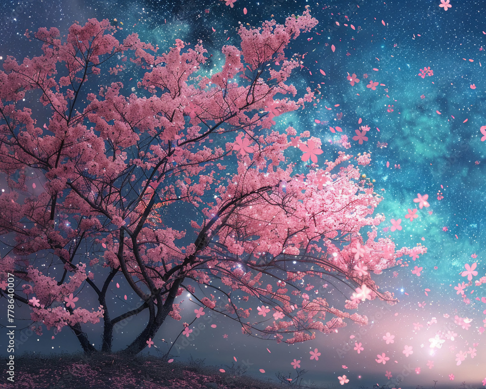 Blossoming trees at twilight their petals glowing with starlight creating a peaceful galaxy for spiritual reflection