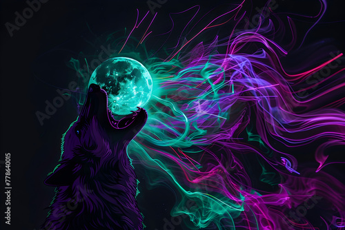 Psychedelic neon silhouette of a wolf howling at a neon moon isotated on black background.
