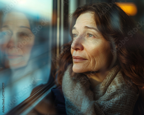 Candid shot of a woman on a train lost in thought as she looks through the window embodying the essence of travel