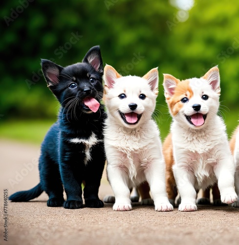 A group of puppies standing in a row, looking up at the camera with their tails wagging. © Miklos