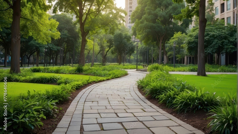 Fototapeta premium Peaceful park path in lush green setting