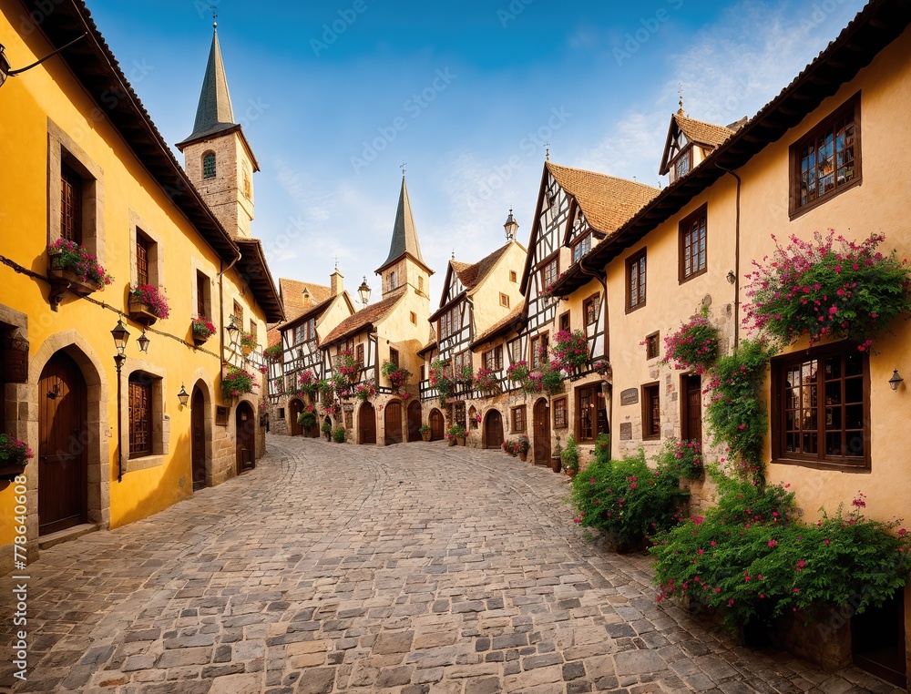 A cobblestone street lined with colorful buildings in a quaint town.