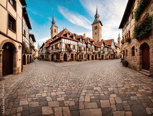 A cobblestone street lined with old, half-timbered buildings. photo