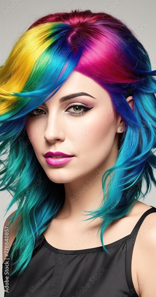 Fototapeta premium A woman with brightly colored hair, wearing a black dress and pink lipstick.