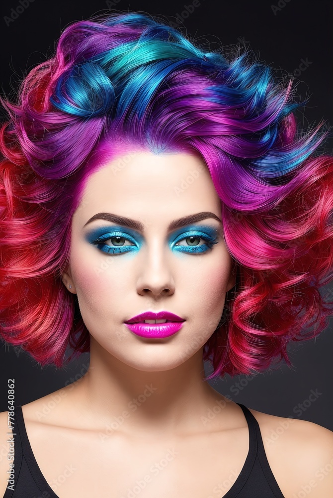 A woman with bright pink hair, blue eyes, and a pink lipstick.