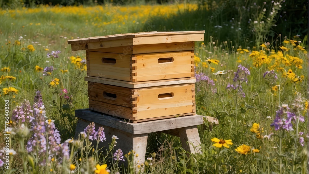 Beehive in a lush wildflower field Beehive in a lush wildflower field