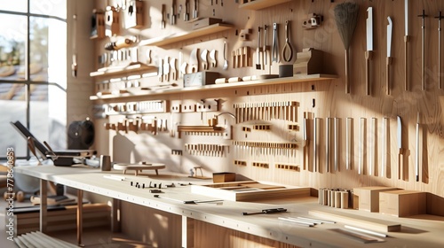 A workshop where AI-assisted tools lay ready, their subtle design improvements hinting at the efficiency they bring to craftsmanship. photo