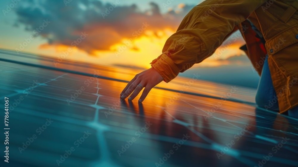 close-up of a hand adjusting a photovoltaic panel close-up of a hand adjusting a photovoltaic panel
