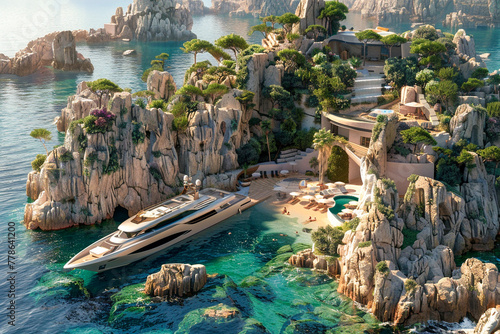 A luxury yacht is docked near a secluded resort on rocky cliffs by the sea.