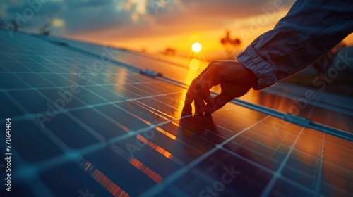 close-up of a hand adjusting a photovoltaic panel photo