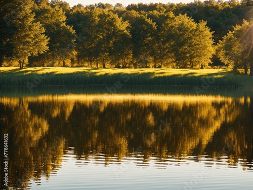 A peaceful lake with trees reflected in the water.