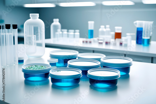 There are many medical petri dish neatly arranged on the white table, laboratory environment ,Many glass containers contain various liquids, scientific research and experimental materials